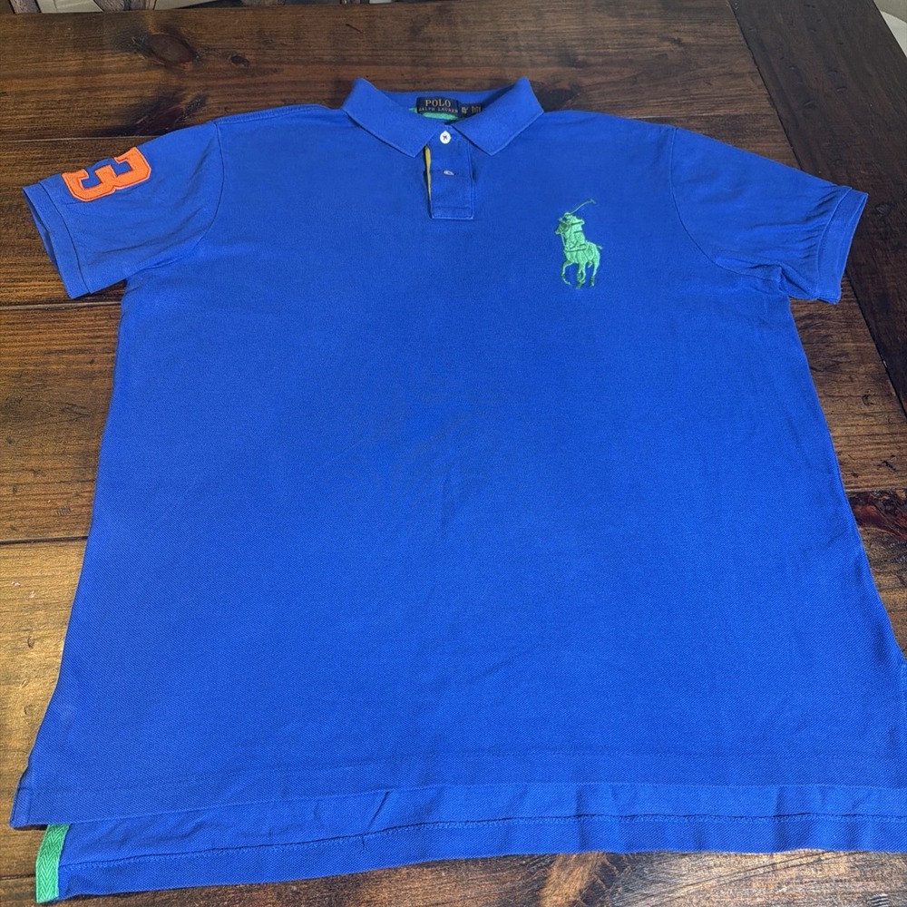 Polo Ralph Lauren Big Pony Polo Men's XL Blue Green Logo Orange #3 Custom Fit